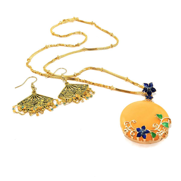 Orange Floral Pendant Chain and Earring Set