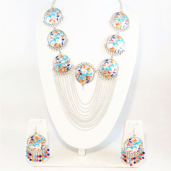 Oxidised Meenakari Fashion Necklace and Earring Set- Blue