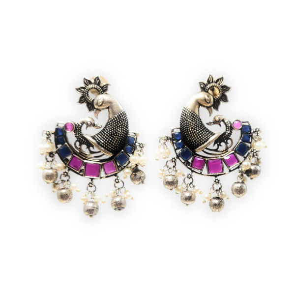 Peacock Design Stud Earrings with Square Stones - Image 4