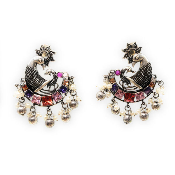 Peacock Design Stud Earrings with Square Stones - Image 3