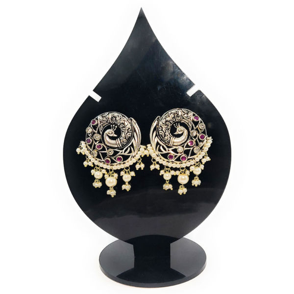 Peacock Design Kundan and Faux Pearl Stud Earrings