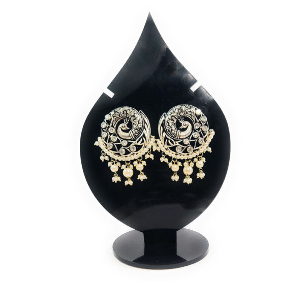 Peacock Design Kundan and Faux Pearl Stud Earrings - Image 2