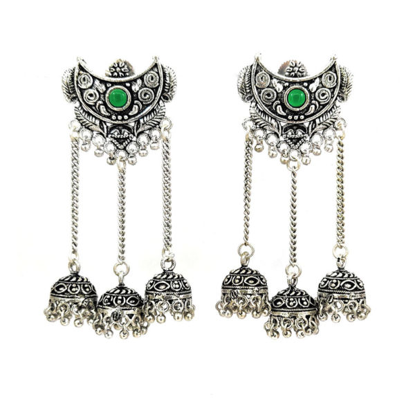 Oxidised Multi Layer Jhumka Earrings Green