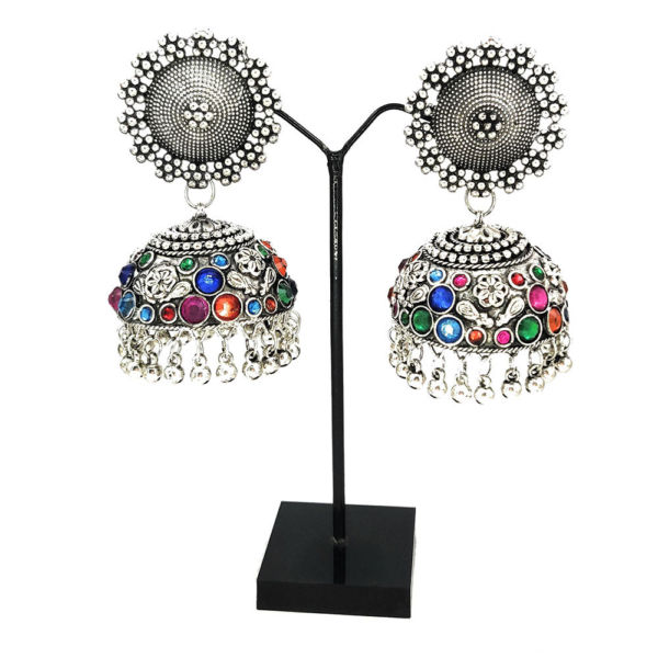 Multicolour Oxidised Stone Studded Jhumkas