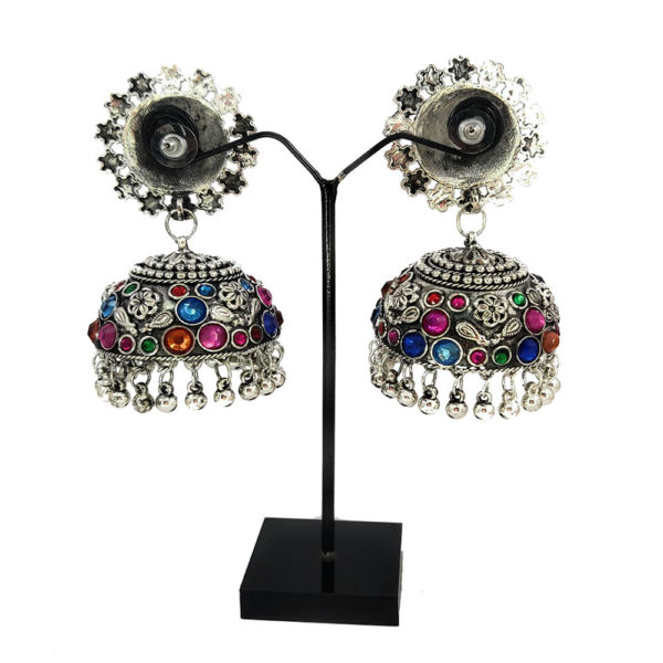 Multicolour Oxidised Stone Studded Jhumkas - Image 2