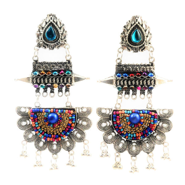 Multicolour Oxidised Stone Studded Beadwork Earrings