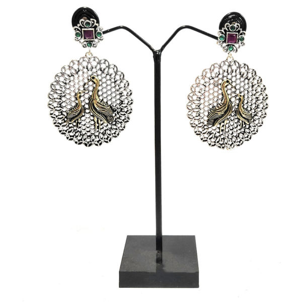 Dual Tone Stone Studded Stork Design Fashion Earrings - Image 3