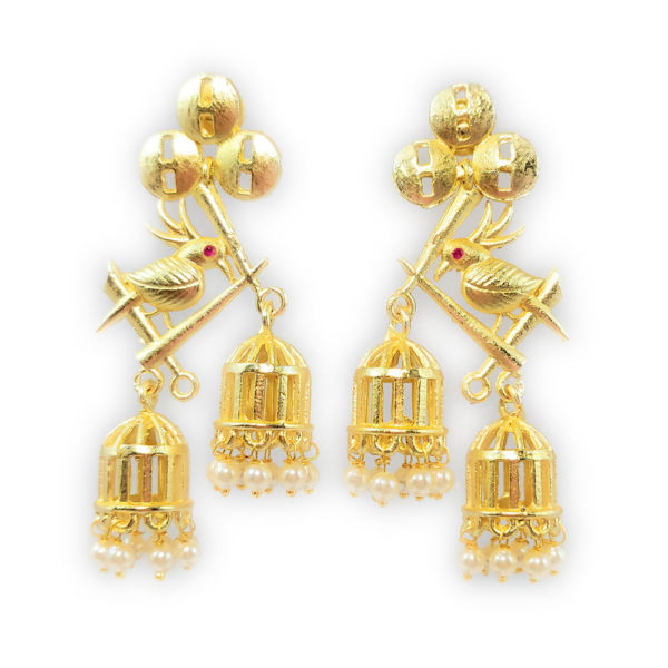Golden Matt Bird & Cage Design Earrings