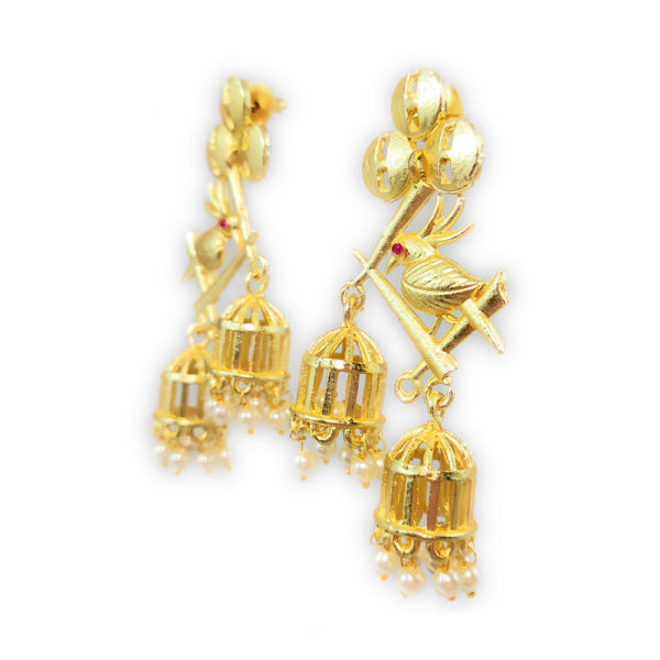 Golden Matt Bird & Cage Design Earrings - Image 2