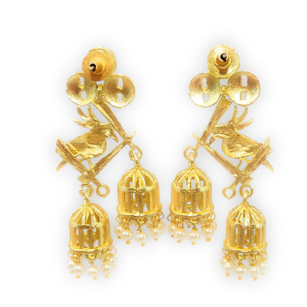 Golden Matt Bird & Cage Design Earrings - Image 3