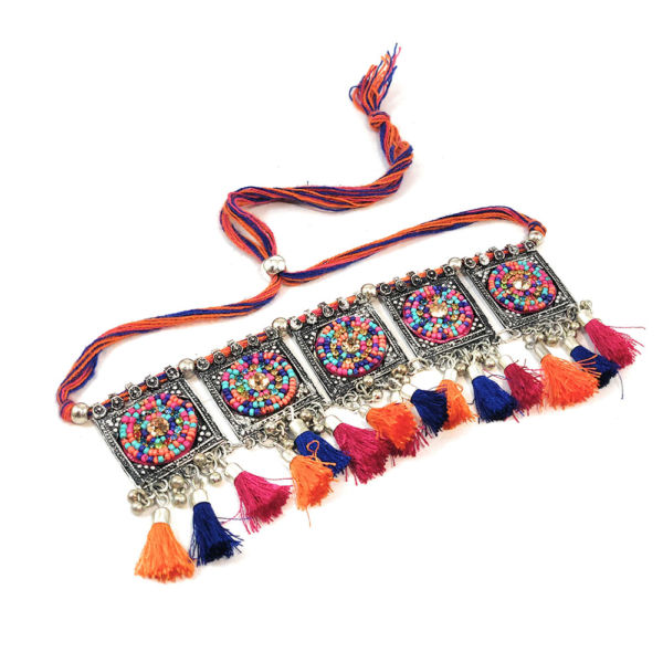 Multicolour Beads and Oxidised Metal Choker with Tassel and Earring Set - Image 5