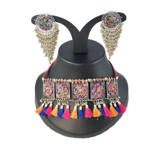 Multicolour Beads and Oxidised Metal Choker with Tassel and Earring Set