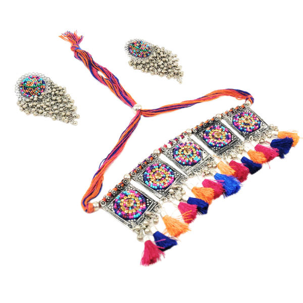 Multicolour Beads and Oxidised Metal Choker with Tassel and Earring Set - Image 2