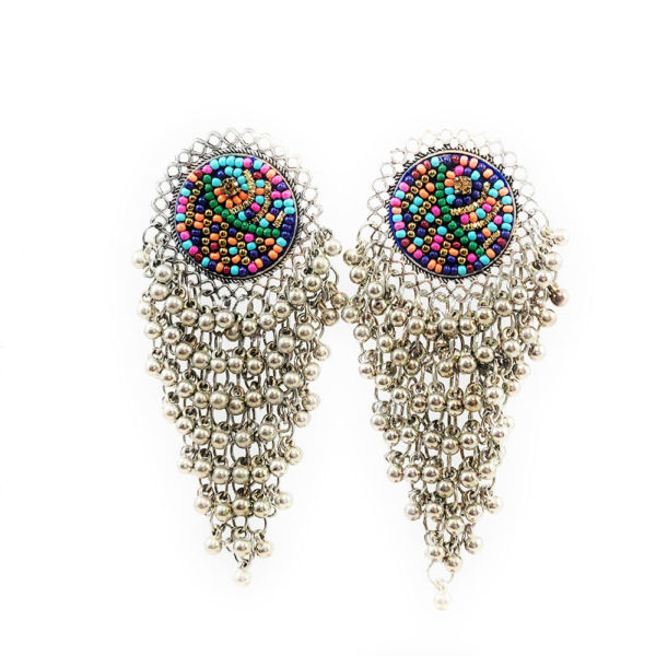 Multicolour Beads and Oxidised Metal Choker with Tassel and Earring Set - Image 3