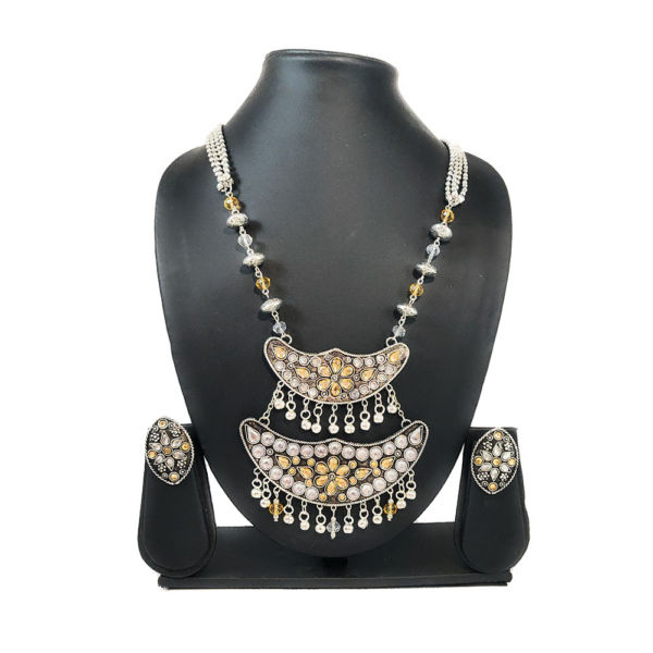 White and Champagne Yellow Rhinestone and Crystal Necklace and Earring Set - Image 2