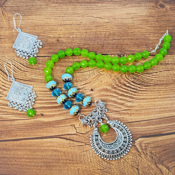 Green Beads Oxidised Pendant Necklace and Earring Set