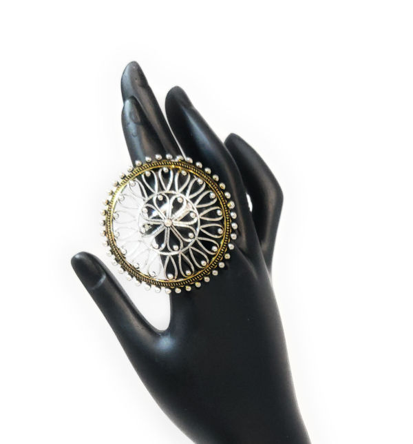 Dual Tone Adjustable Metal Filigree Oxidised Cocktail Ring - Image 2