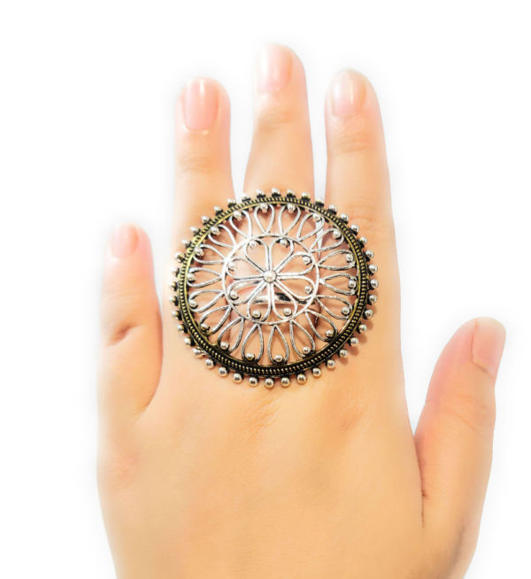 Dual Tone Adjustable Metal Filigree Oxidised Cocktail Ring