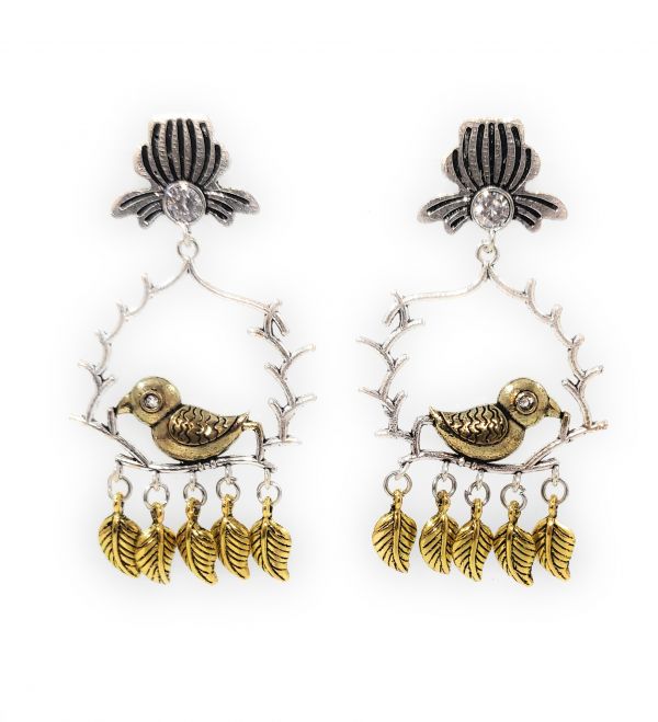 Dual Colour Bird and Leaf Design Oxidised Dangle & Drop Earrings - Image 2