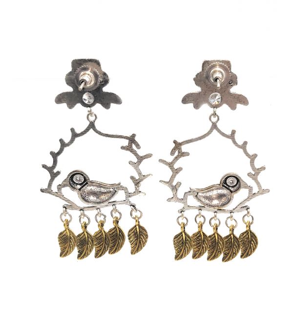 Dual Colour Bird and Leaf Design Oxidised Dangle & Drop Earrings - Image 3