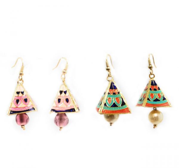 Aztec Design Meenakari Mini Jhumkas Combo for Women (Set of 2)