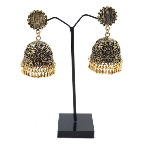 Antique Golden Oxidised Silver Jhumkas Combo Earrings for Women - Set of 2 - Image 3