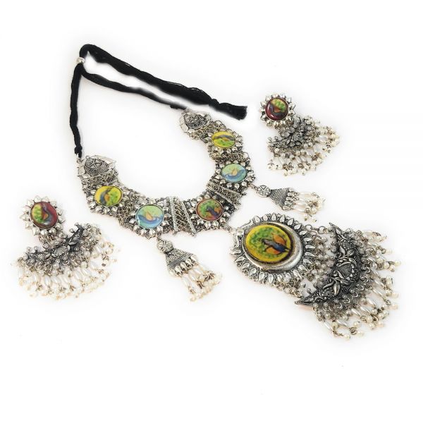 Peacock Design Oxisidised Necklace and Earring Set for Women