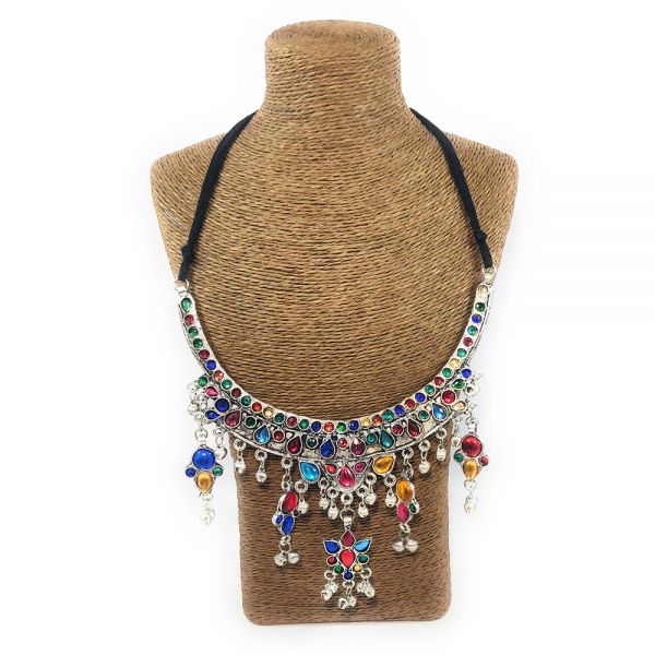Oxidised German Silver Multicolour Afghan Necklace - Image 2