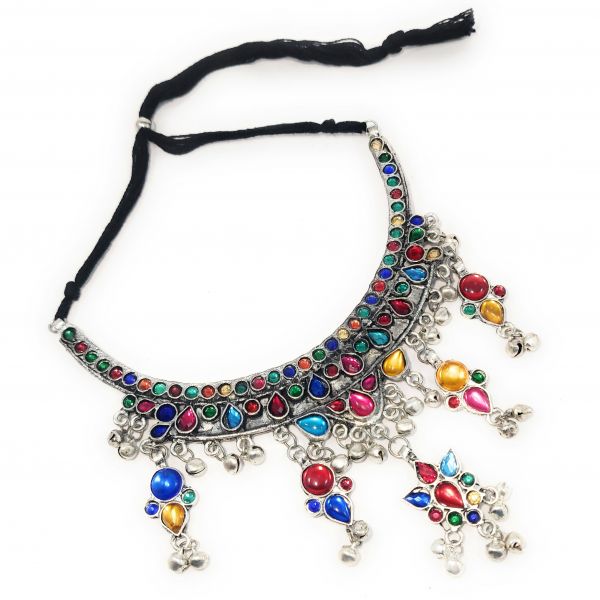 Oxidised German Silver Multicolour Afghan Necklace