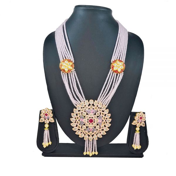 Floral Design Traditional Kundan Polki Long Necklace & Earring Set -Pink