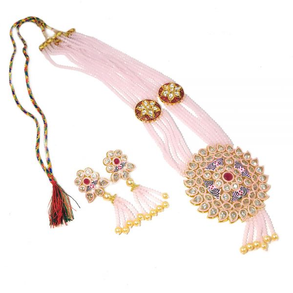 Floral Design Traditional Kundan Polki Long Necklace & Earring Set -Pink - Image 2