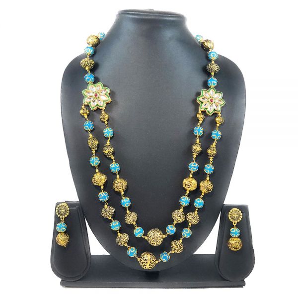 Traditional Antique Golden Long Kundan Necklace & Earring Set-Blue