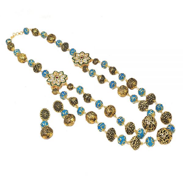 Traditional Antique Golden Long Kundan Necklace & Earring Set-Blue - Image 3