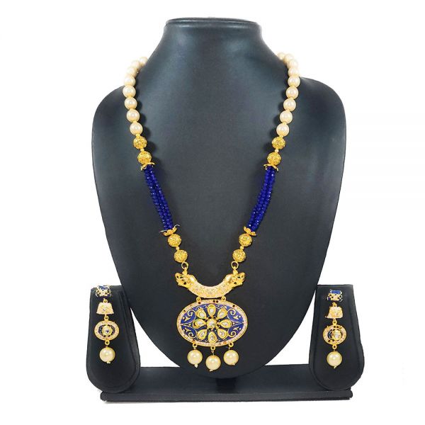 Floral Design Traditional Pearl Kundan Long Necklace & Earring Set for Women-Blue& White - Image 2