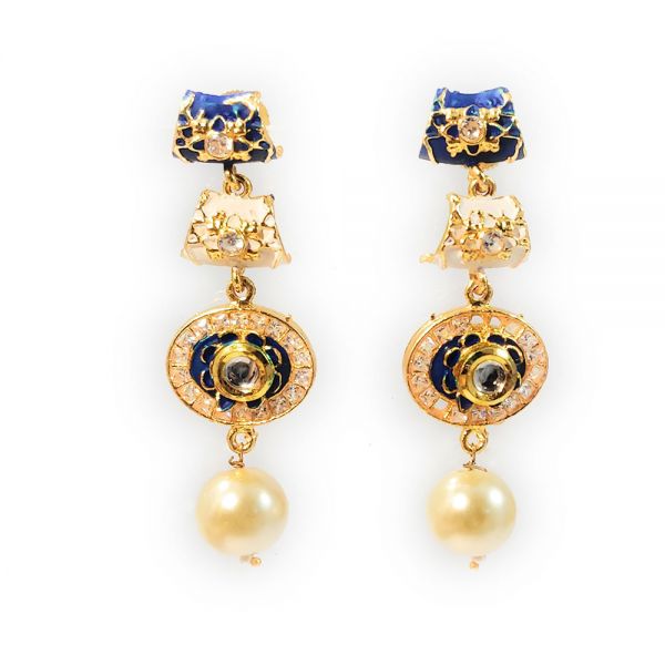 Floral Design Traditional Pearl Kundan Long Necklace & Earring Set for Women-Blue& White - Image 4