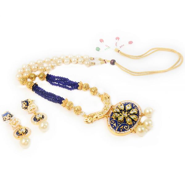 Floral Design Traditional Pearl Kundan Long Necklace & Earring Set for Women-Blue& White