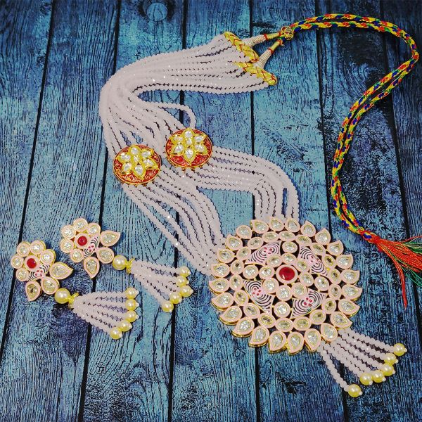 Floral Design Traditional Kundan Polki Long Necklace & Earring Set -Pink - Image 3