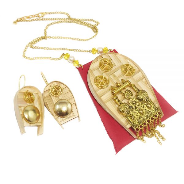 Handmade Bamboo & Fabric Long Necklace and Earring Set for Women- Red - Image 2