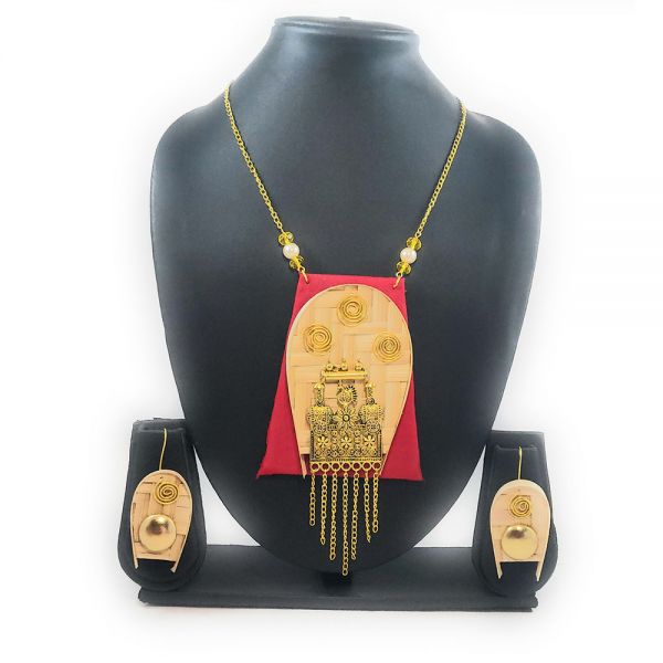 Handmade Bamboo & Fabric Long Necklace and Earring Set for Women- Red