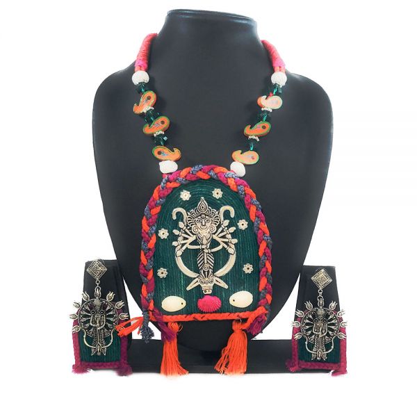 Durga Design Traditional Handmade Necklace and Earring Set for Women- Green