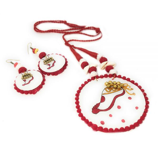 Hand painted Lakshmi Feet Design Traditional Handmade Necklace and Earring Set for Women - Image 3