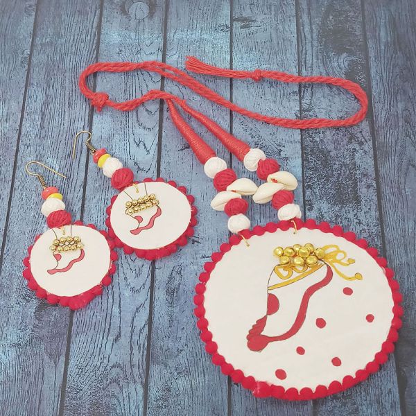 Hand painted Lakshmi Feet Design Traditional Handmade Necklace and Earring Set for Women - Image 2