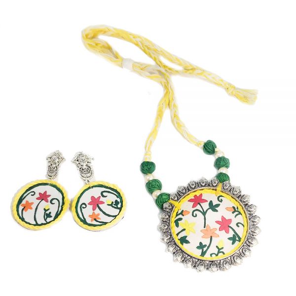 Hand painted Floral Design Traditional Handmade Necklace and Earring Set for Women - Image 2