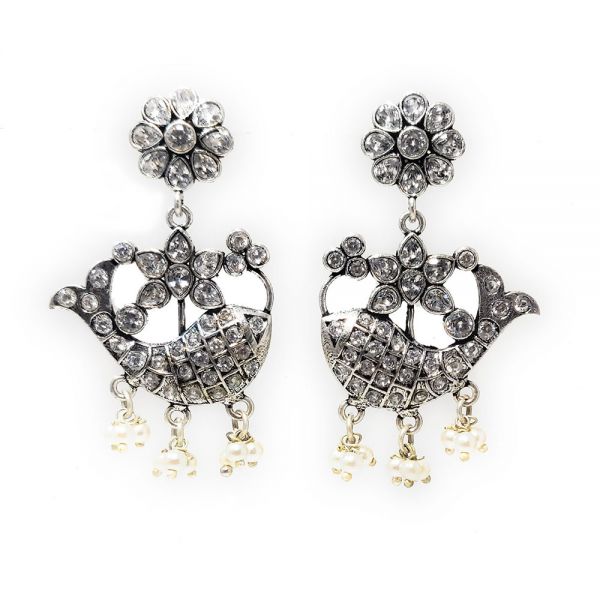 German Silver White Cubic Zirconia Fish & Flower Design Dangle & Drop Earrings