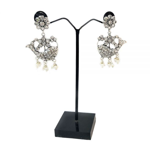 German Silver White Cubic Zirconia Fish & Flower Design Dangle & Drop Earrings - Image 2