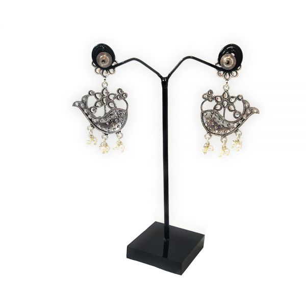 German Silver White Cubic Zirconia Fish & Flower Design Dangle & Drop Earrings - Image 3