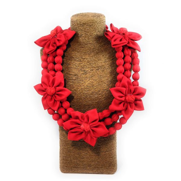 Red Floral Design Handmade Fabric Necklace