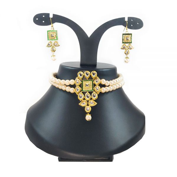 Kundan and Faux Pearl Choker Necklace and Earring Set