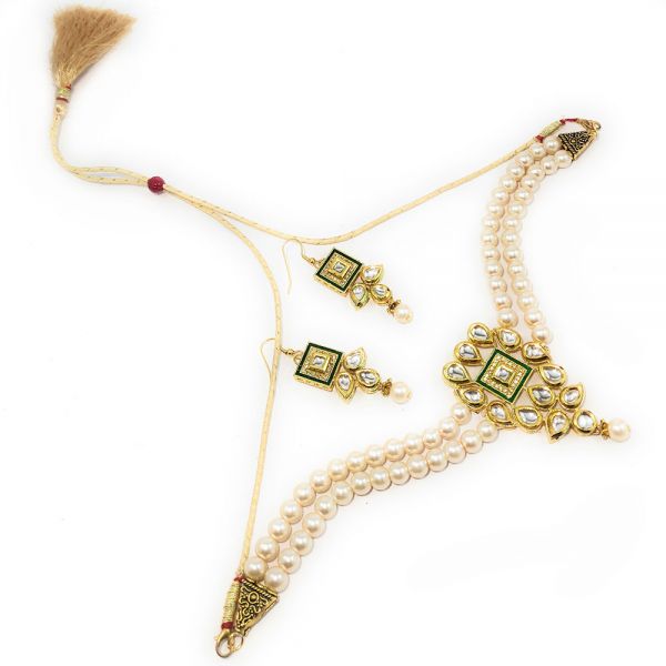 Kundan and Faux Pearl Choker Necklace and Earring Set - Image 2