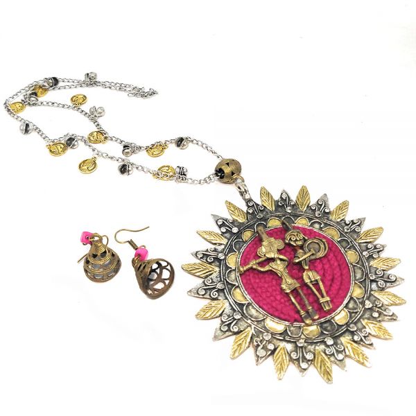 Traditional Dokra Style Large Pendant Necklace and Jhumka Set